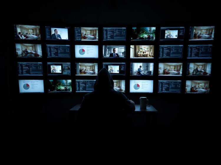 a hooded man sitting in front of a bank of monitors.