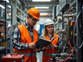 two engineers working together in an industrial area.