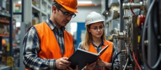 two engineers working together in an industrial area.