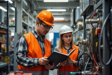 two engineers working together in an industrial area.