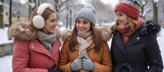 group of three women in a park during winter.