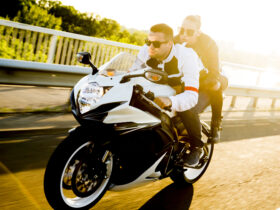 couple out for a ride on motorcycle