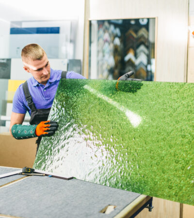 worker holding green glass pane