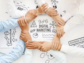 holding hands in a circle around digital marketing background