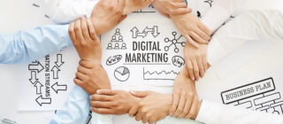 holding hands in a circle around digital marketing background