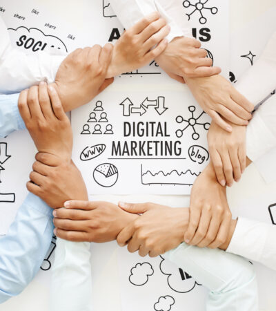 holding hands in a circle around digital marketing background