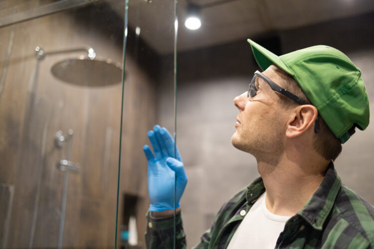 worker installing glass shower door