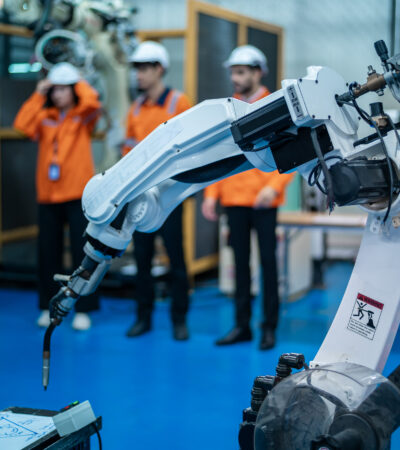 robotics engineers working on robot arm